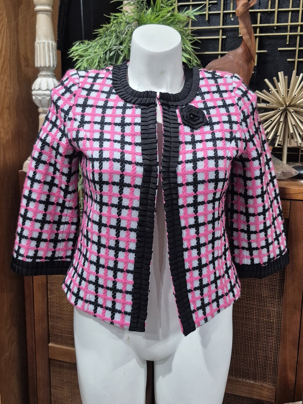 Pink & Black Plaid Cropped Tweed Blazer with Decorative Rosette